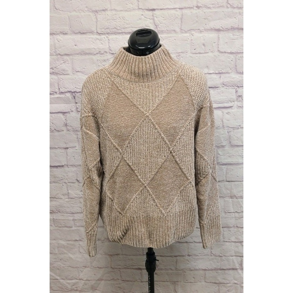 Christian Siriano New York Tan Chenille Diamond Knit Mock Neck Sweater Women's L